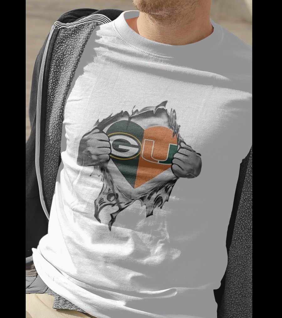 Green Bay Packers Miami Hurricanes Heart G U Logo Tear T-Shirt