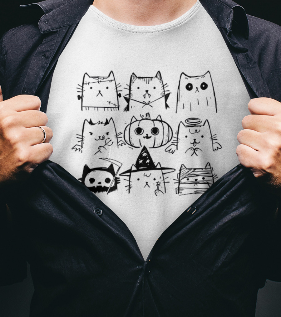 Spooky Halloween Cat Collection Pumpkin Witch Ghost Skeleton Kittens T-Shirt