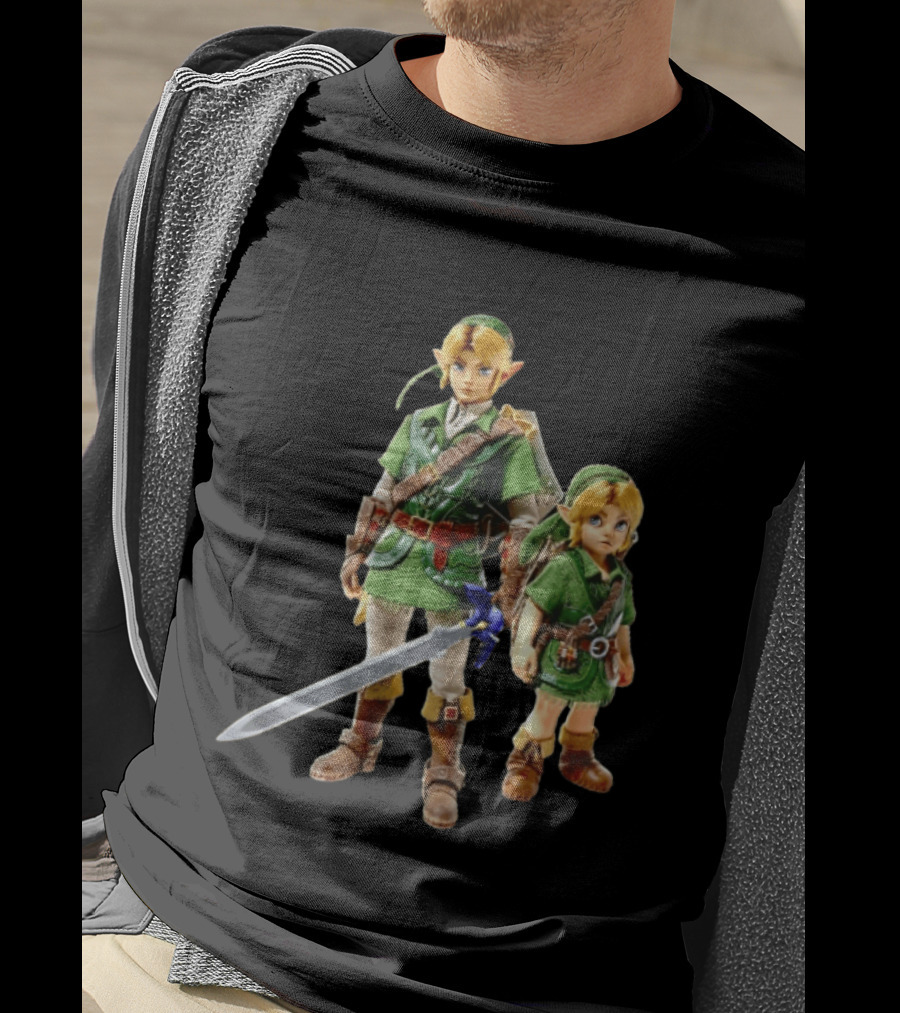 Adult And Young Link Green Tunic Warrior Sword Shield Render T-Shirt