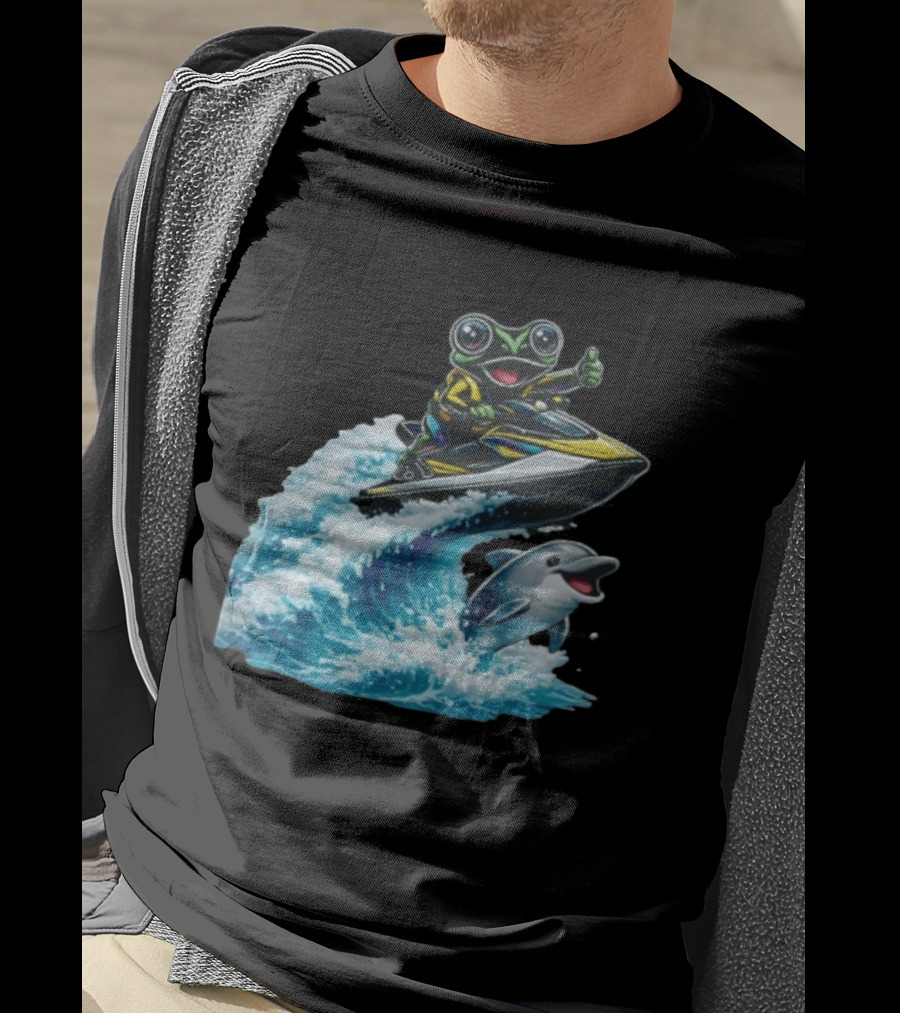 Cartoon Frog Thumbs Up Riding Jet Ski With Dolphin On Ocean Wave T-Shirt