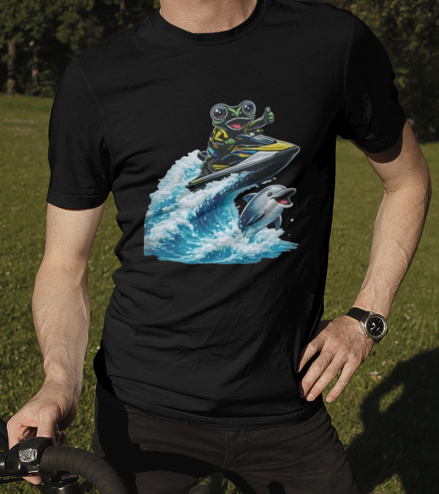 Cartoon Frog Thumbs Up Riding Jet Ski With Dolphin On Ocean Wave T-Shirt