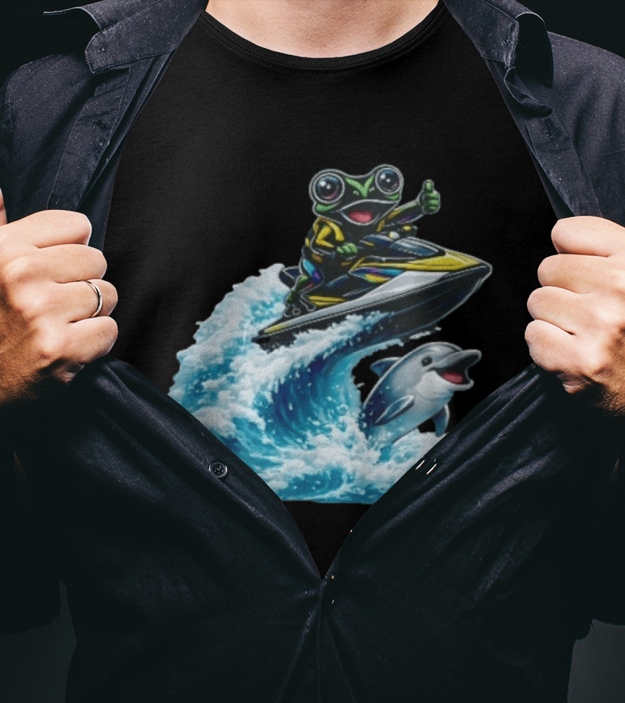 Cartoon Frog Thumbs Up Riding Jet Ski With Dolphin On Ocean Wave T-Shirt