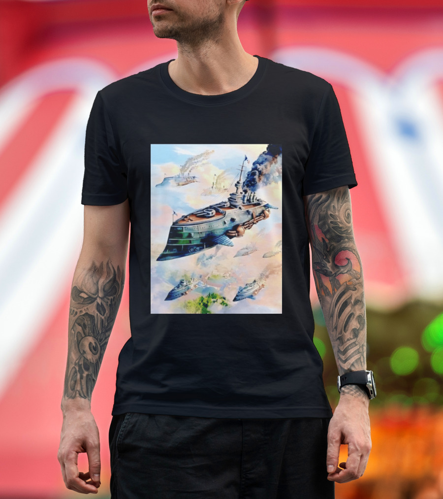 Steampunk Flying Battleship Armada Soaring Through The Clouds T-Shirt
