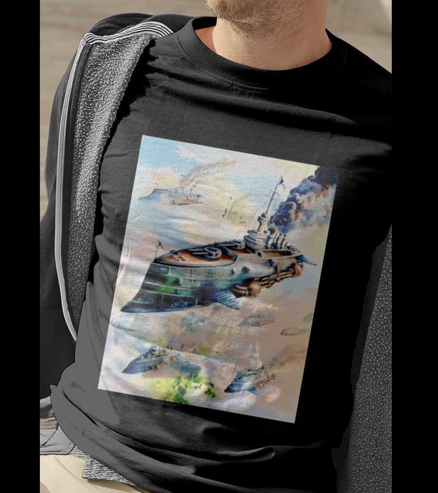 Steampunk Flying Battleship Armada Soaring Through The Clouds T-Shirt