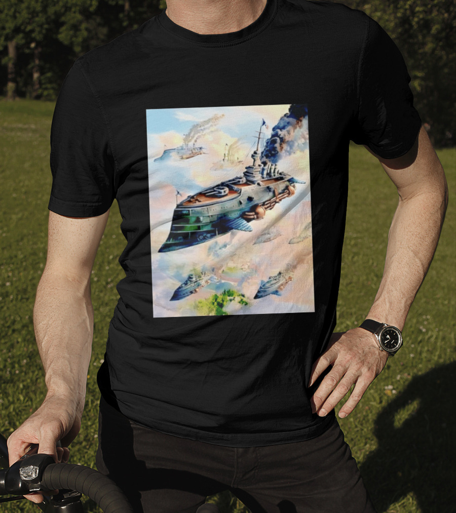 Steampunk Flying Battleship Armada Soaring Through The Clouds T-Shirt