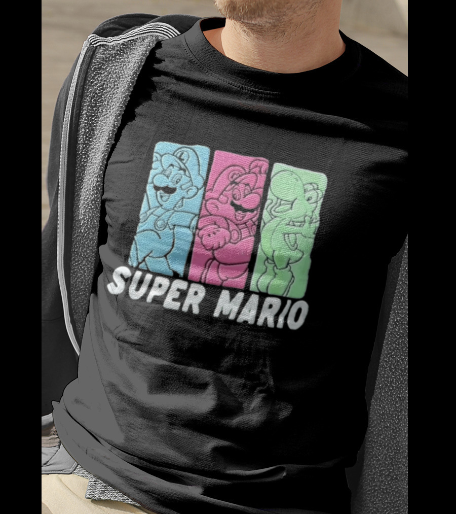 Super Mario Luigi Yoshi Characters Colorful Panels T-Shirt
