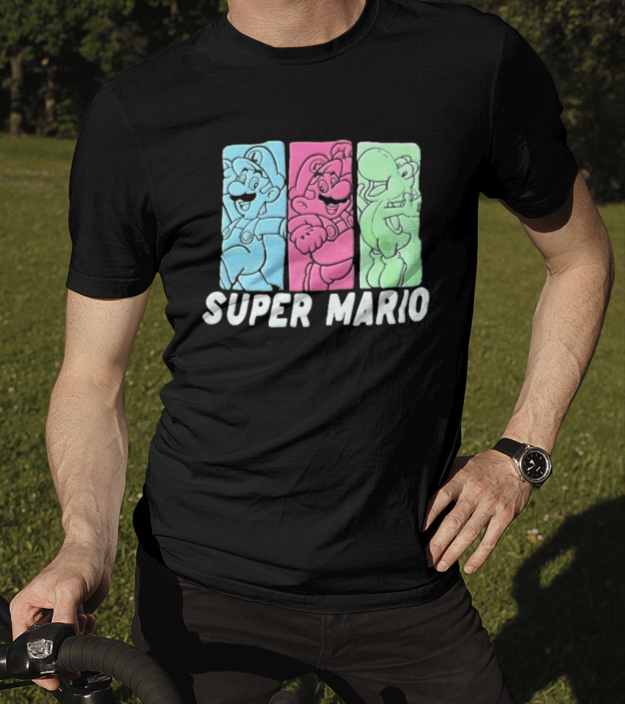 Super Mario Luigi Yoshi Characters Colorful Panels T-Shirt