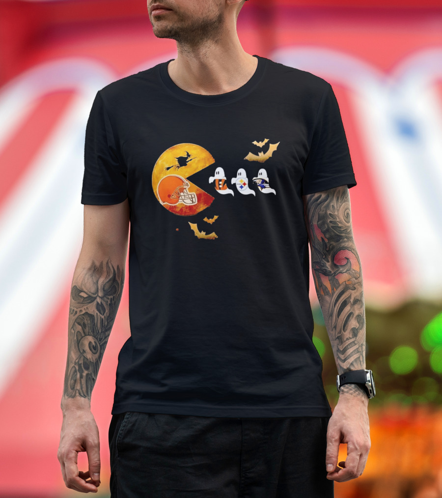Cleveland Browns Pac Man Vs Bengals Steelers Ravens Halloween Battle T-Shirt