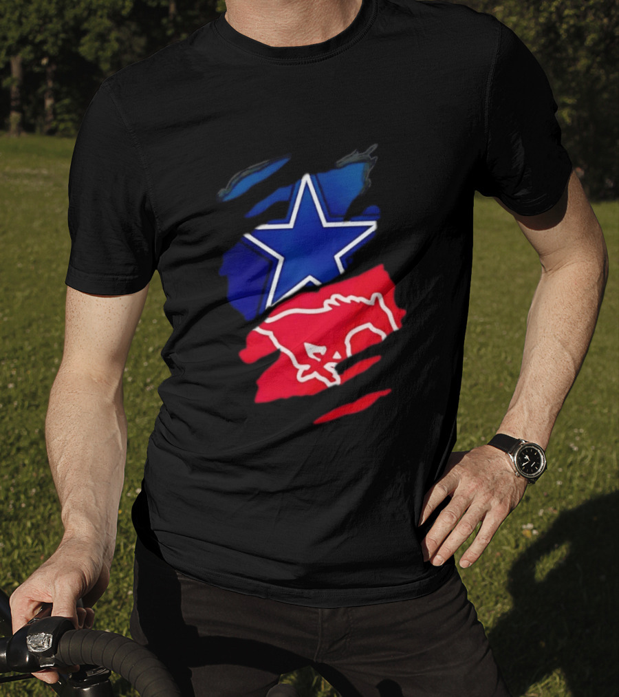 Dallas Cowboys Star And SMU Mustangs Red Ripped Effect T-Shirt