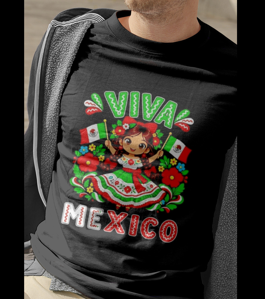 Viva Mexico Traditional Dress Girl With Flags Mexican Celebration T-Shirt