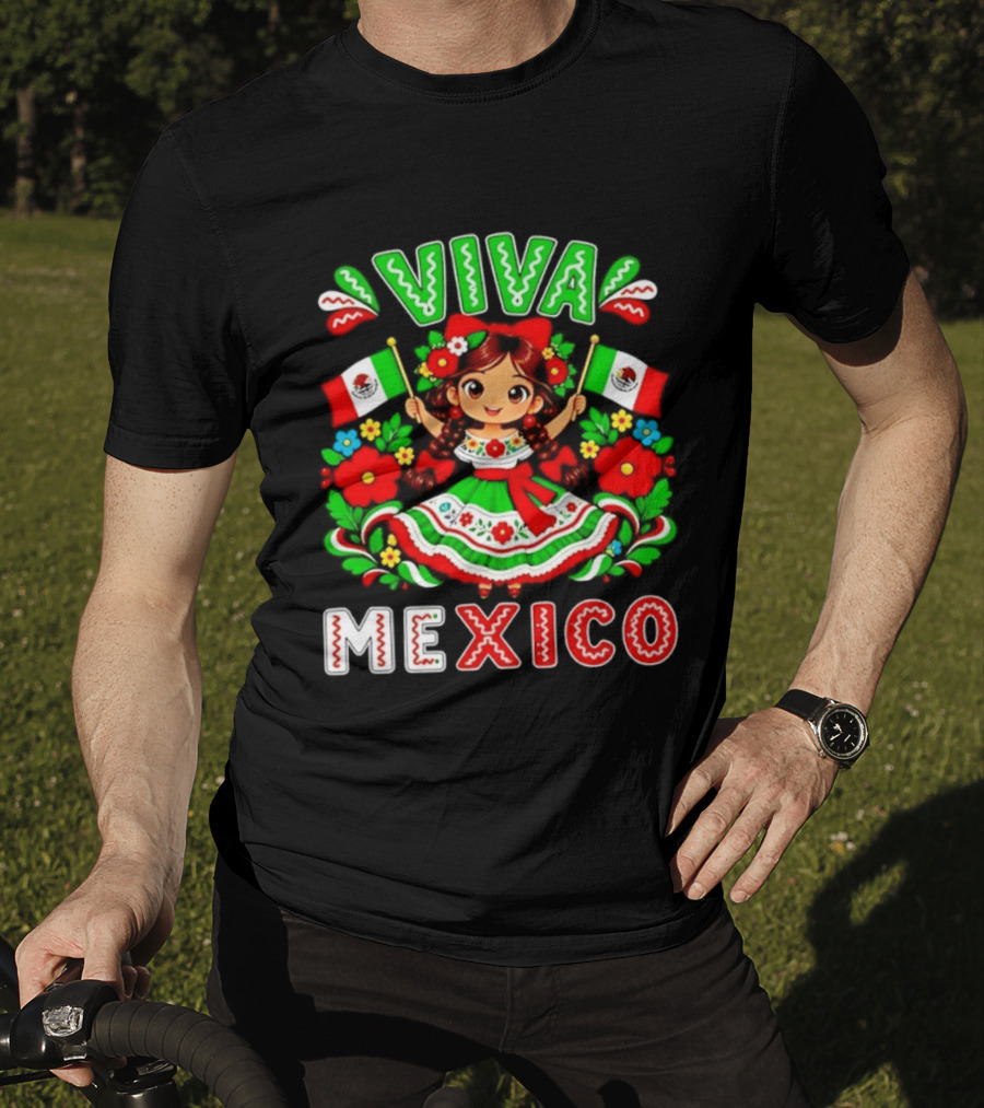 Viva Mexico Traditional Dress Girl With Flags Mexican Celebration T-Shirt