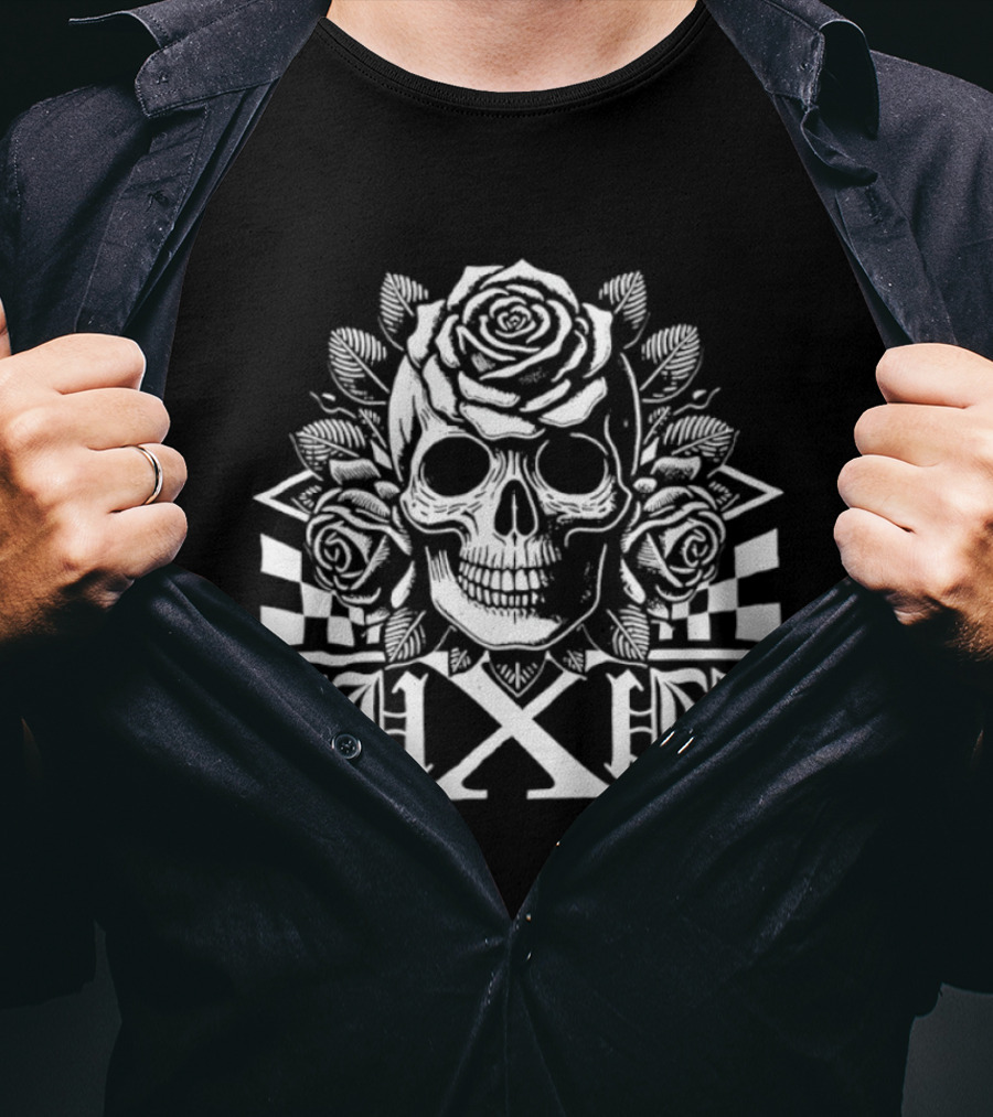W X W Skull Roses Checkered Goth T-Shirt