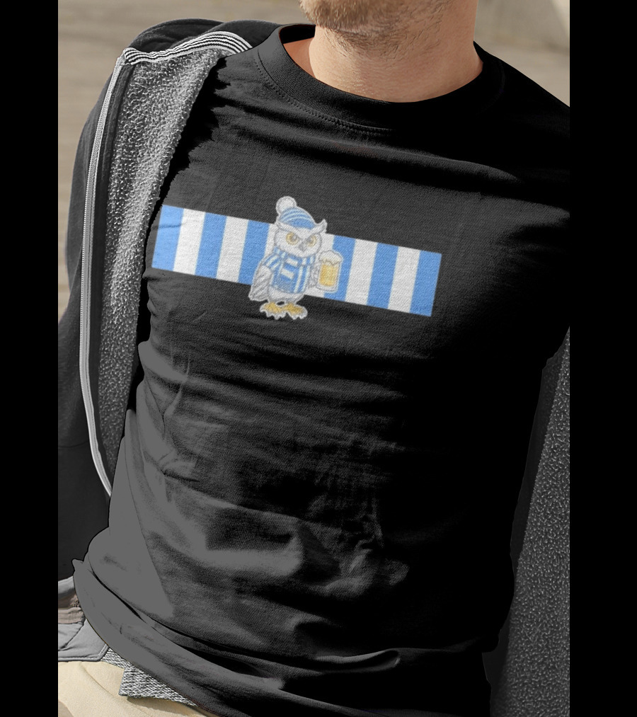 Owl In Blue And White Stripes With Beer T-Shirt