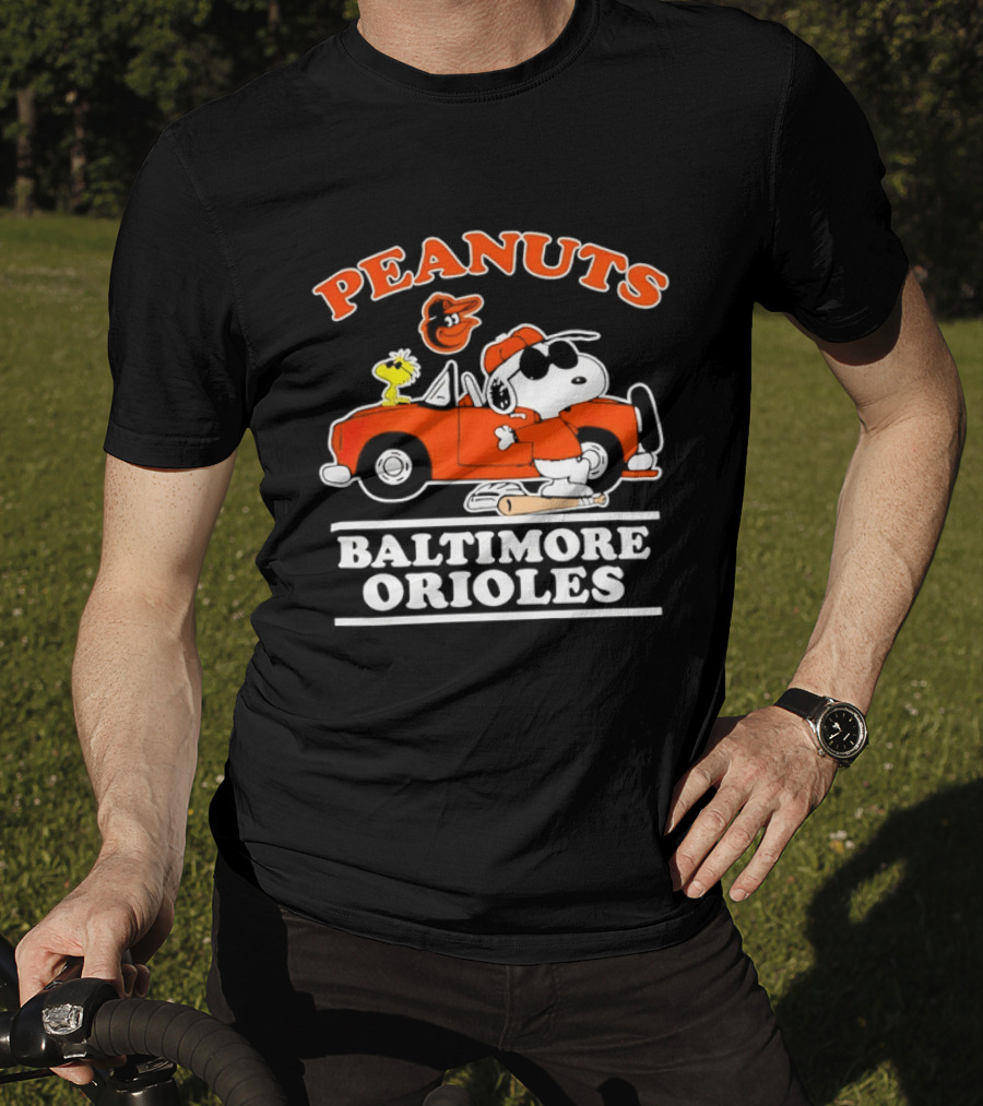 Peanuts Snoopy And Woodstock Driving Baltimore Orioles Car T-Shirt