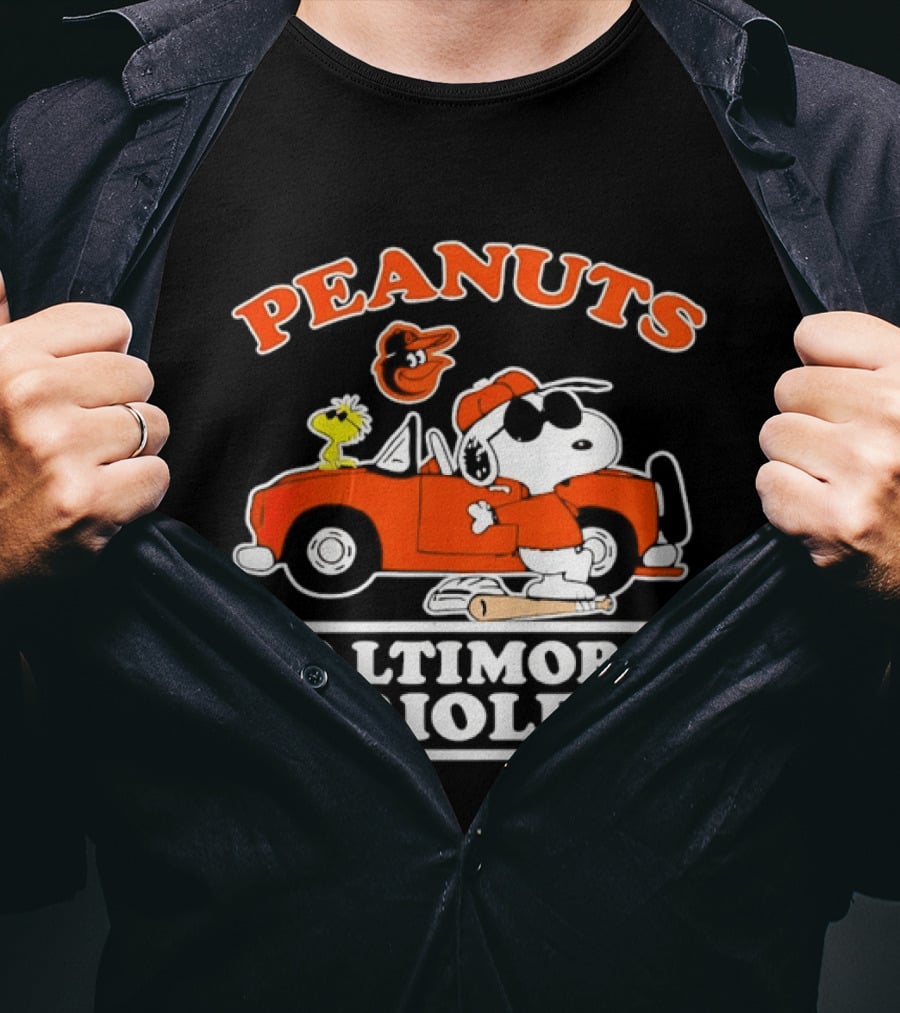 Peanuts Snoopy And Woodstock Driving Baltimore Orioles Car T-Shirt