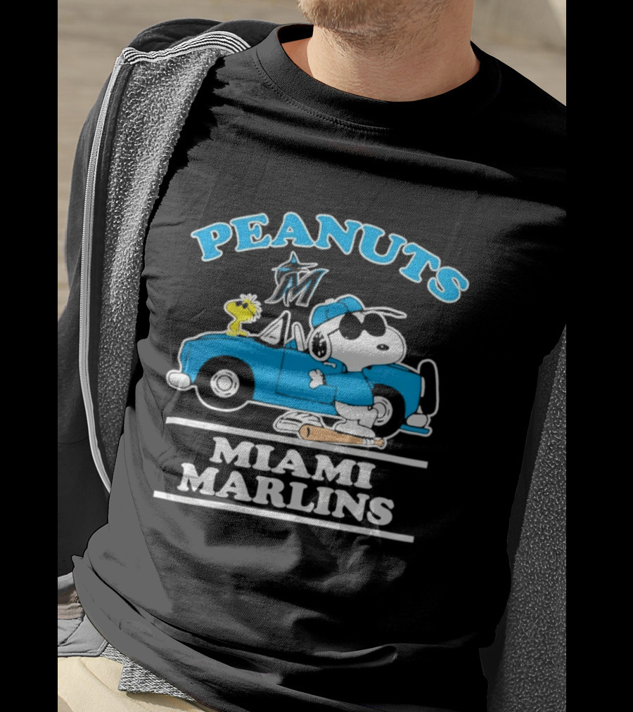 Peanuts Snoopy And Woodstock Miami Marlins Baseball Driving Adventure T-Shirt
