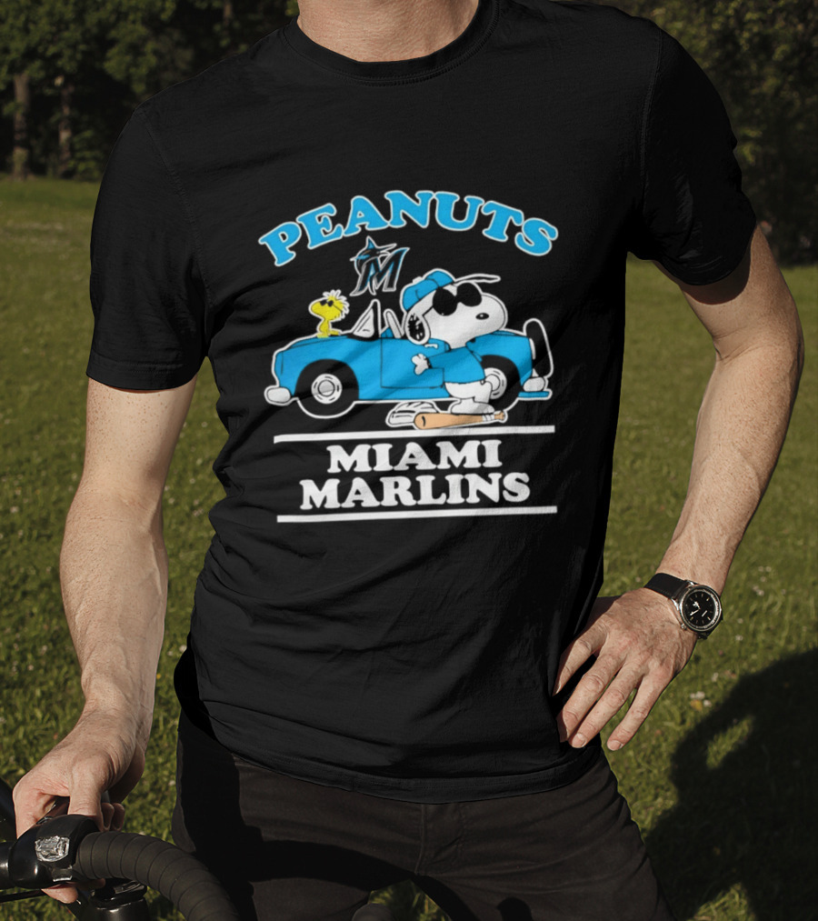Peanuts Snoopy And Woodstock Miami Marlins Baseball Driving Adventure T-Shirt
