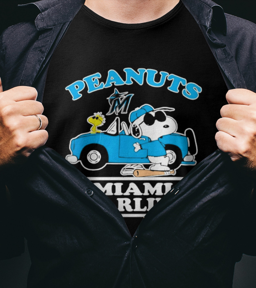 Peanuts Snoopy And Woodstock Miami Marlins Baseball Driving Adventure T-Shirt