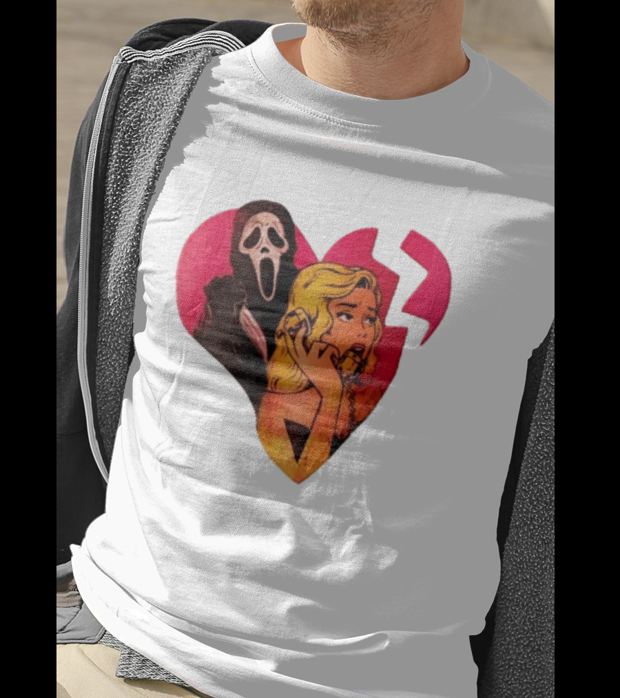 Cartoon Blonde Woman Ghostface Broken Pink Heart Knife Phone T-Shirt