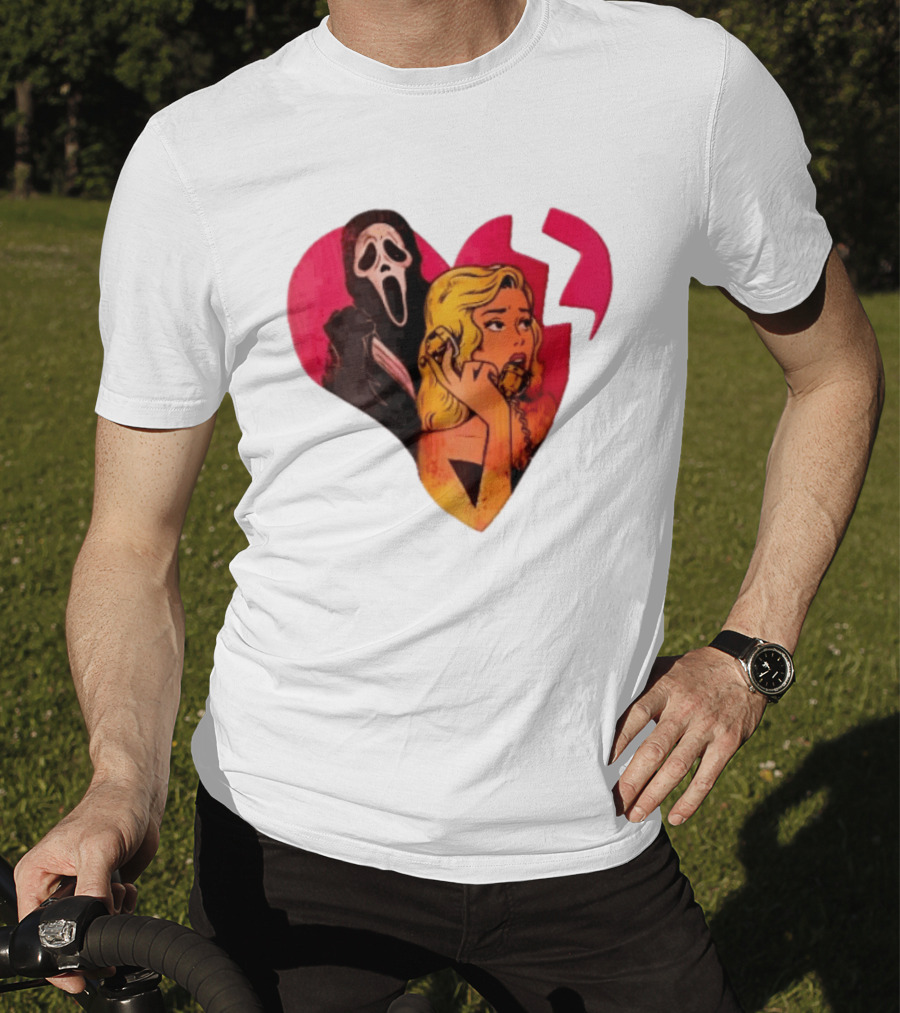 Cartoon Blonde Woman Ghostface Broken Pink Heart Knife Phone T-Shirt