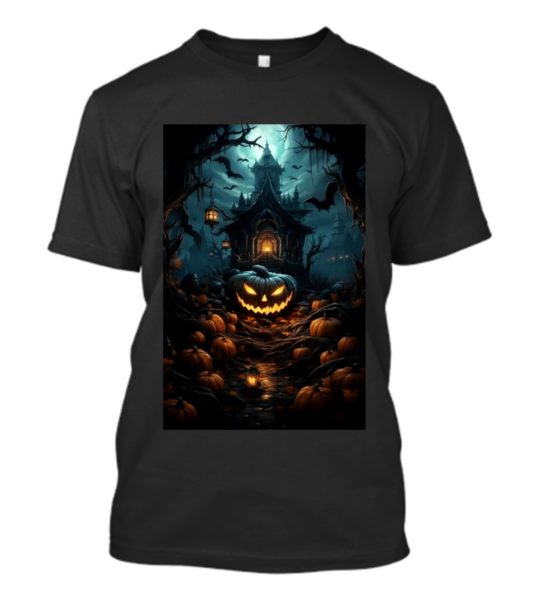 Haunted House Pumpkin Season Halloween Spooky Night Scene With Jack O' Lanterns And Bats T-Shirt