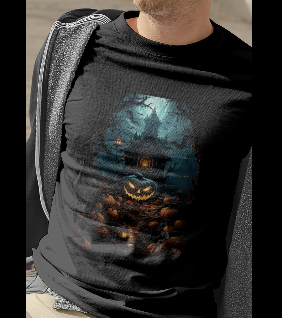 Haunted House Pumpkin Season Halloween Spooky Night Scene With Jack O' Lanterns And Bats T-Shirt