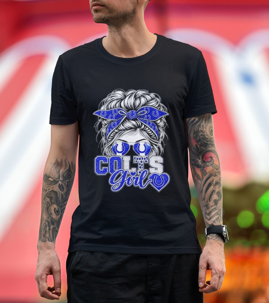 Indianapolis Colts Girl Messy Bun Blue Bandana Sunglasses Fan T-Shirt