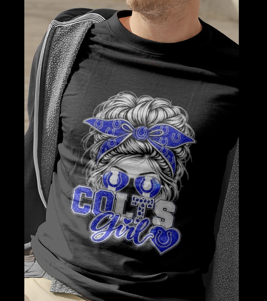 Indianapolis Colts Girl Messy Bun Blue Bandana Sunglasses Fan T-Shirt