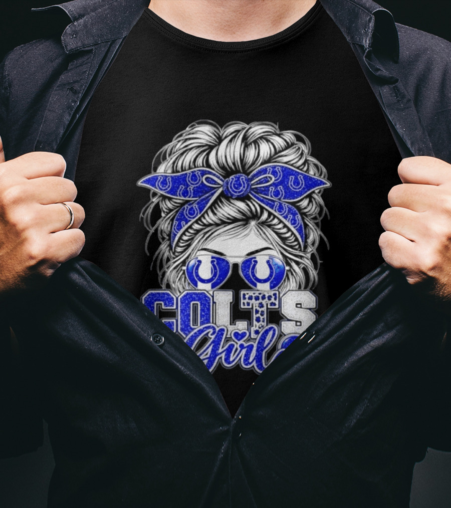Indianapolis Colts Girl Messy Bun Blue Bandana Sunglasses Fan T-Shirt