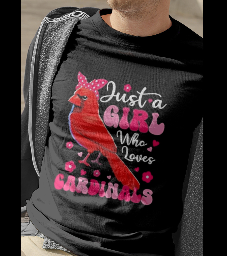 Just A Girl Who Loves Cardinals Cardinal Bird Cute Bow Pink Flowers Hearts T-Shirt