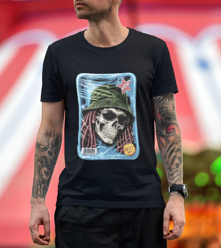 Skull With Dreadlocks Wearing Green Bucket Hat Sunglasses New Star Label T-Shirt
