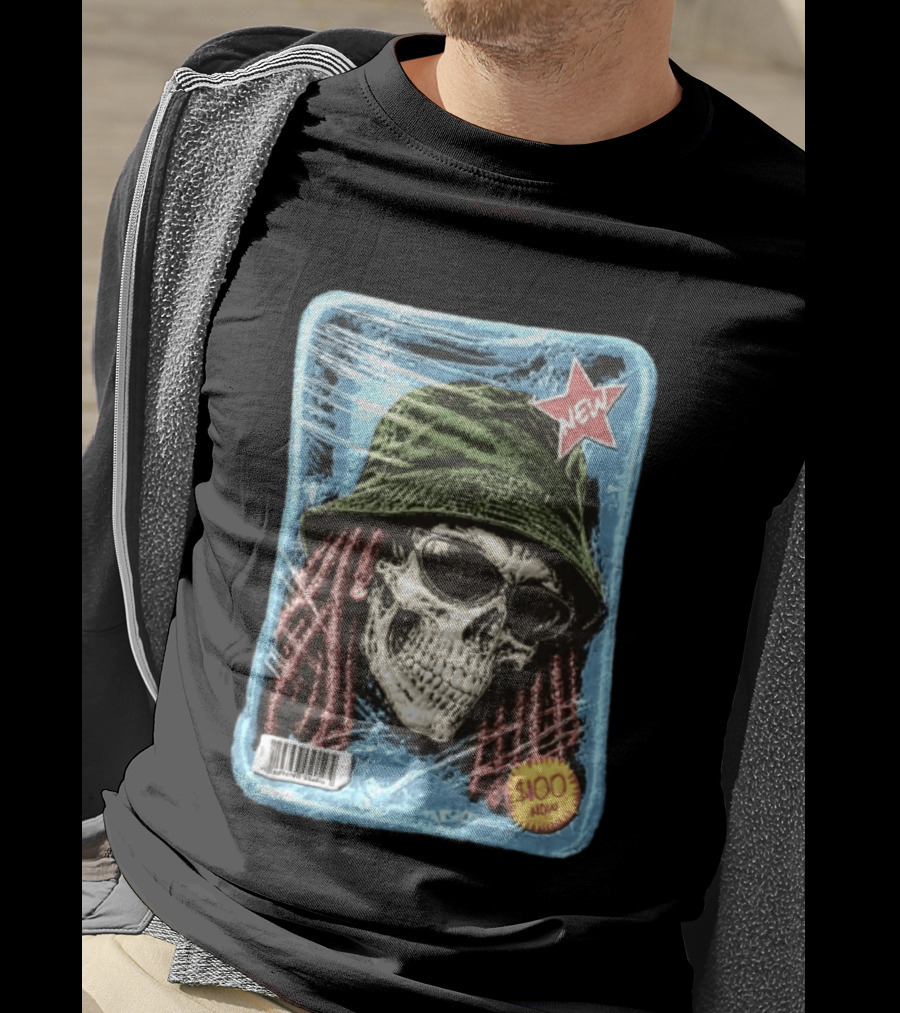 Skull With Dreadlocks Wearing Green Bucket Hat Sunglasses New Star Label T-Shirt