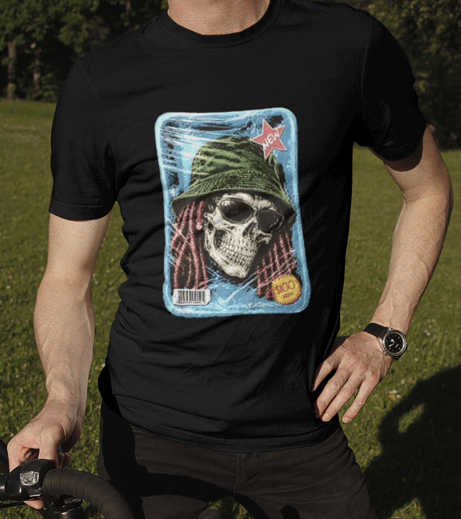 Skull With Dreadlocks Wearing Green Bucket Hat Sunglasses New Star Label T-Shirt