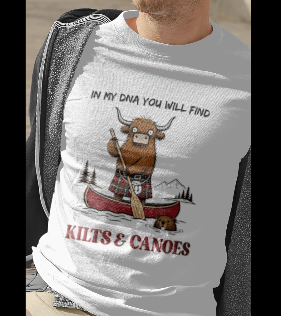 In My DNA You Will Find Kilts And Canoes Cartoon Highland Cow Paddling T-Shirt