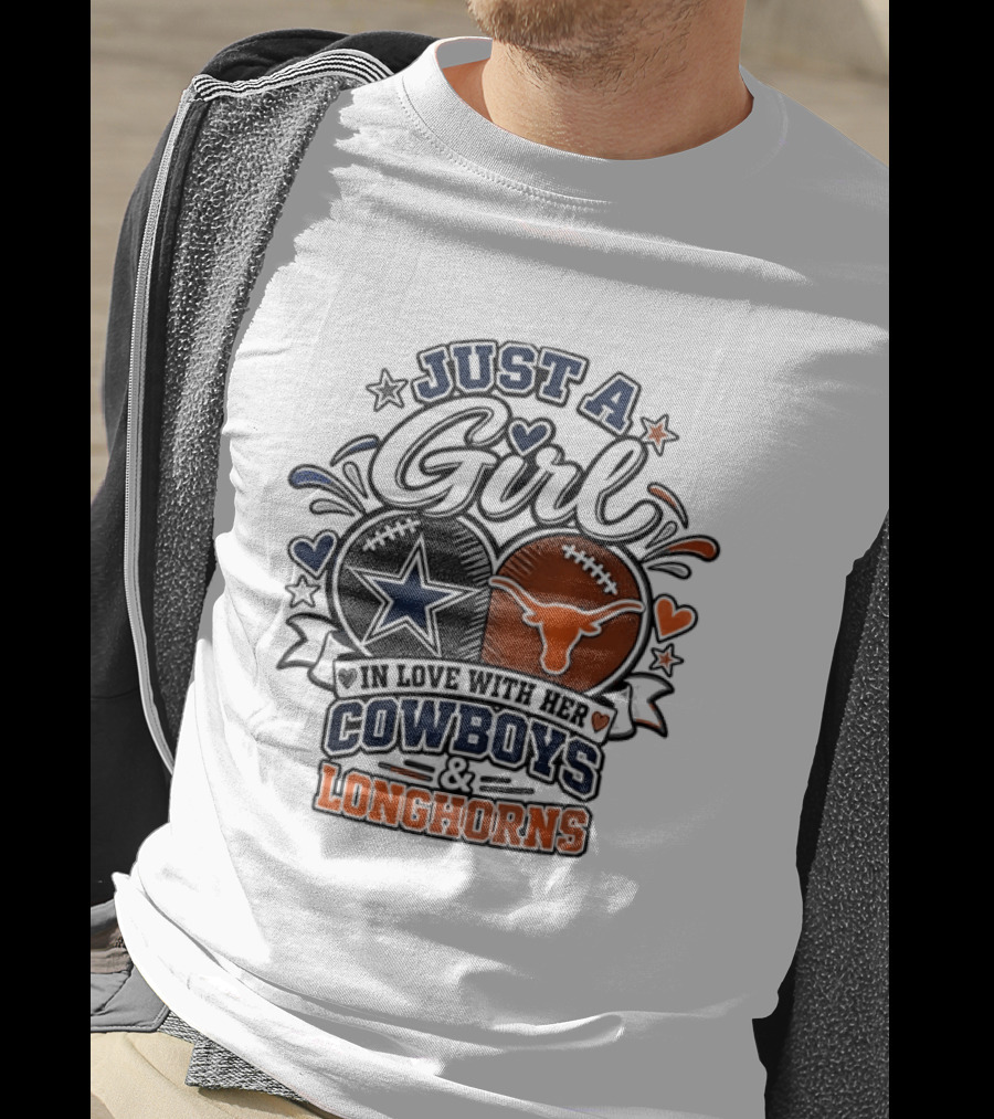 Just A Girl In Love With Her Cowboys And Longhorns Stars Hearts Footballs T-Shirt