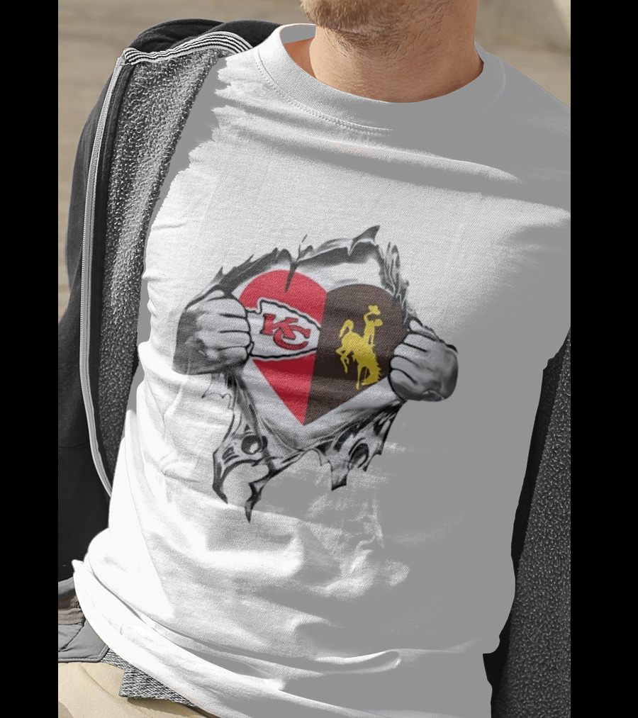 Kansas City Chiefs Wyoming Cowboys Heart Fan Pride Combination T-Shirt