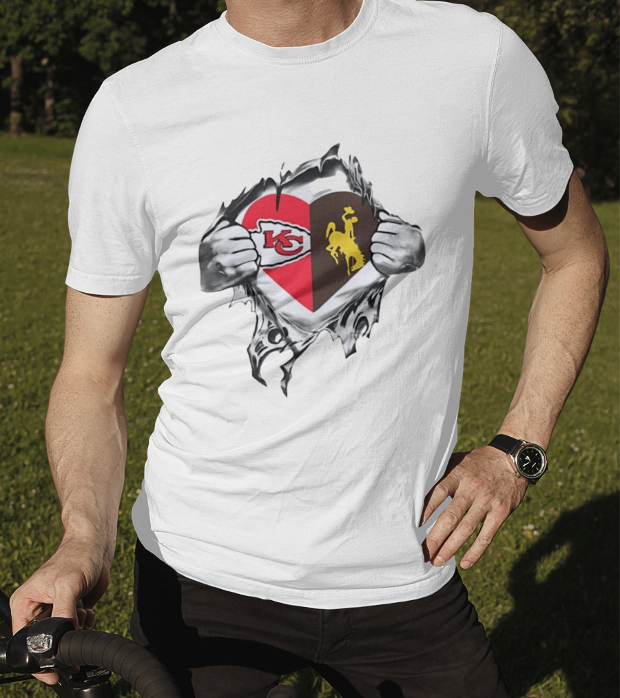 Kansas City Chiefs Wyoming Cowboys Heart Fan Pride Combination T-Shirt