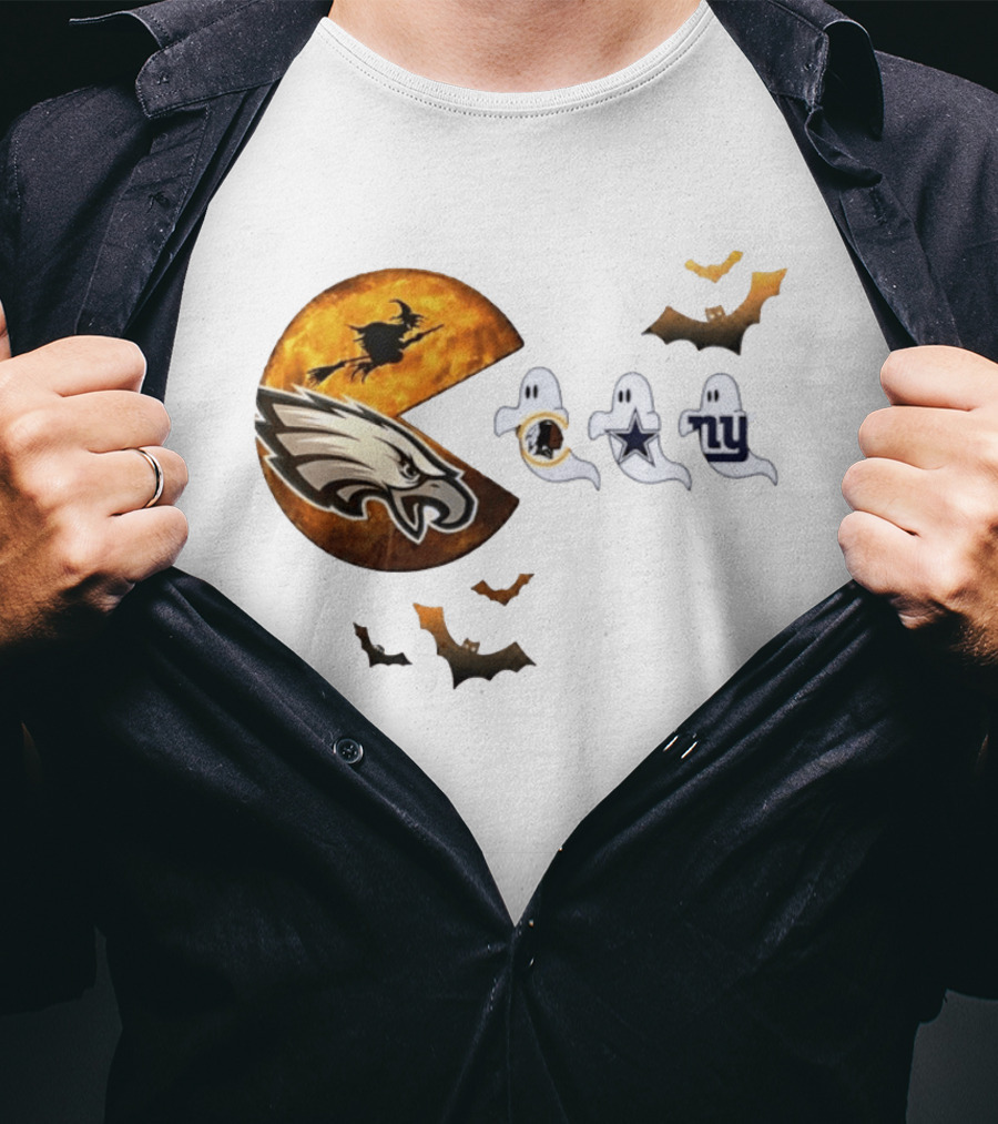 Philadelphia Eagles Pac Man Halloween Washington Commanders Cowboys Giants Ghosts T-Shirt