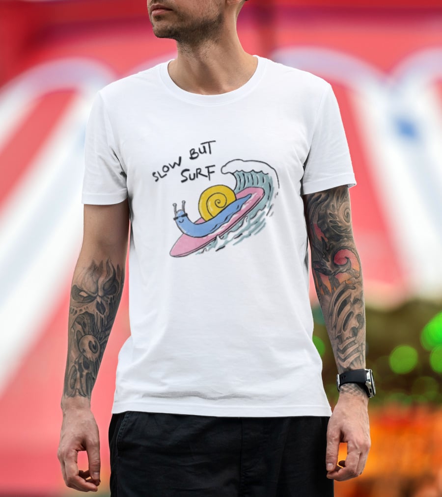 Slow But Surf Cartoon Blue Snail Riding Pink Surfboard Wave T-Shirt