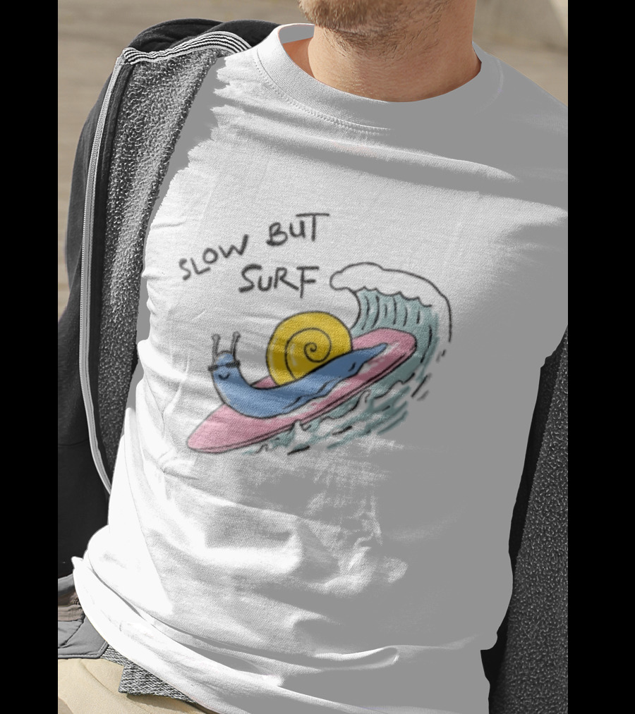 Slow But Surf Cartoon Blue Snail Riding Pink Surfboard Wave T-Shirt