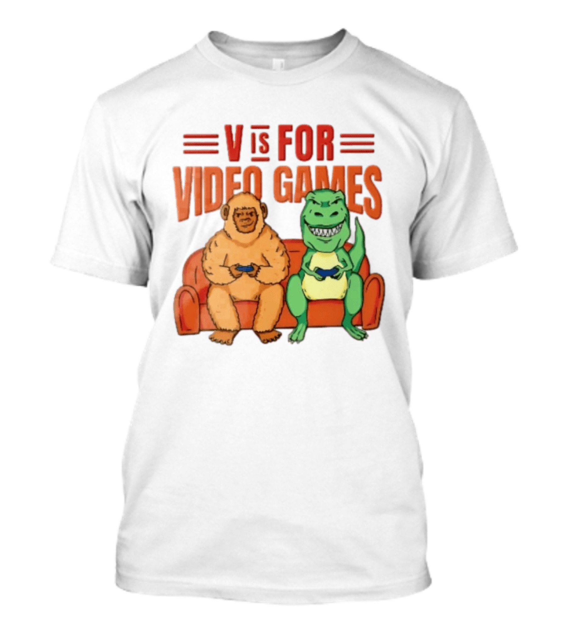 V Is For Video Games Sasquatch Dinosaur Couch Controllers Cartoon T-Shirt
