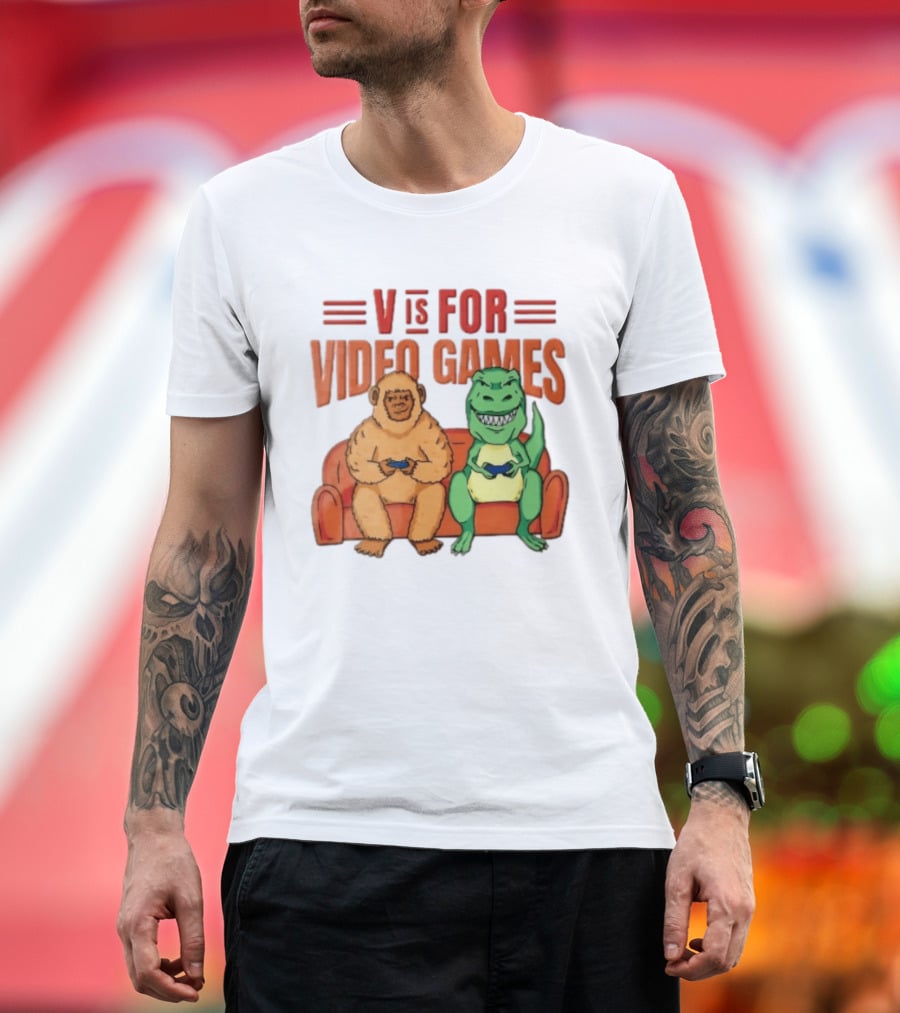 V Is For Video Games Sasquatch Dinosaur Couch Controllers Cartoon T-Shirt