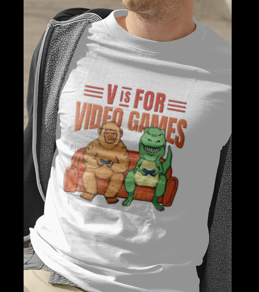 V Is For Video Games Sasquatch Dinosaur Couch Controllers Cartoon T-Shirt