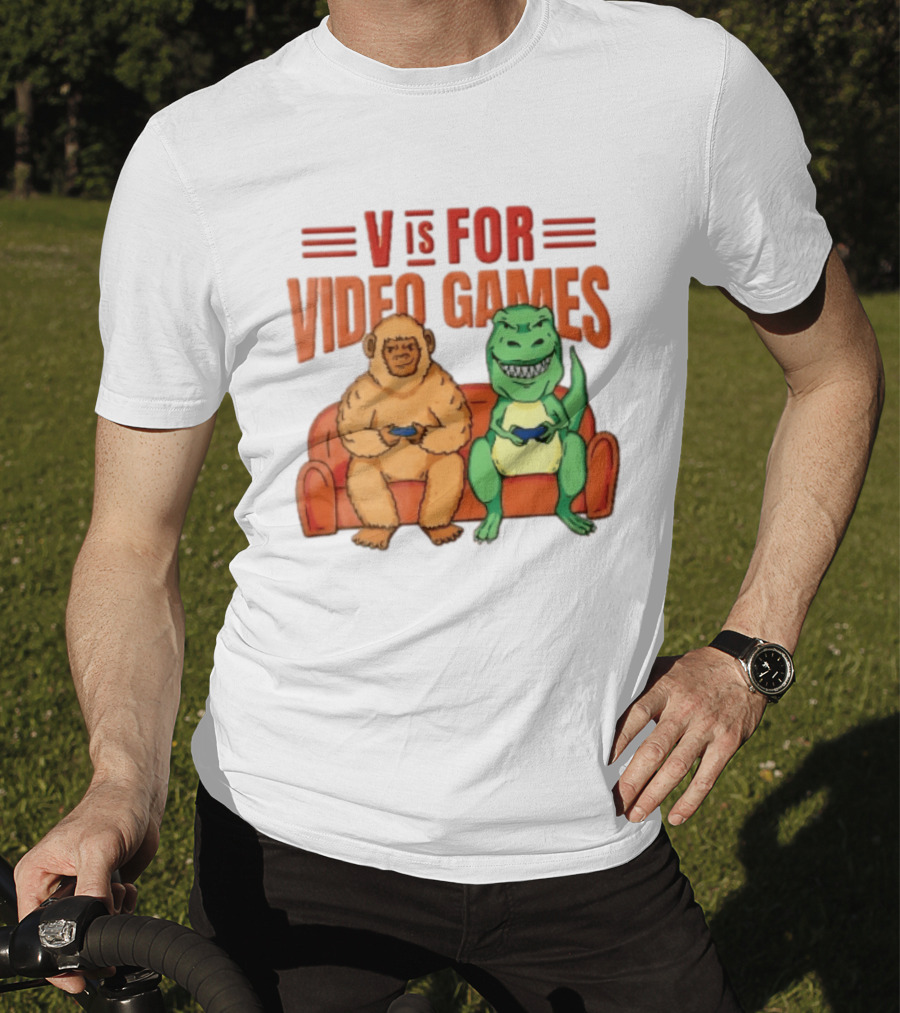 V Is For Video Games Sasquatch Dinosaur Couch Controllers Cartoon T-Shirt