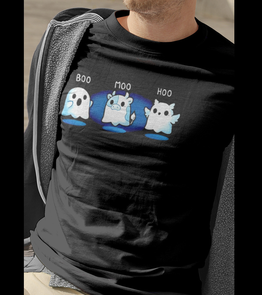 Boo Moo Hoo Halloween Ghost Cow And Owl Fun T-Shirt