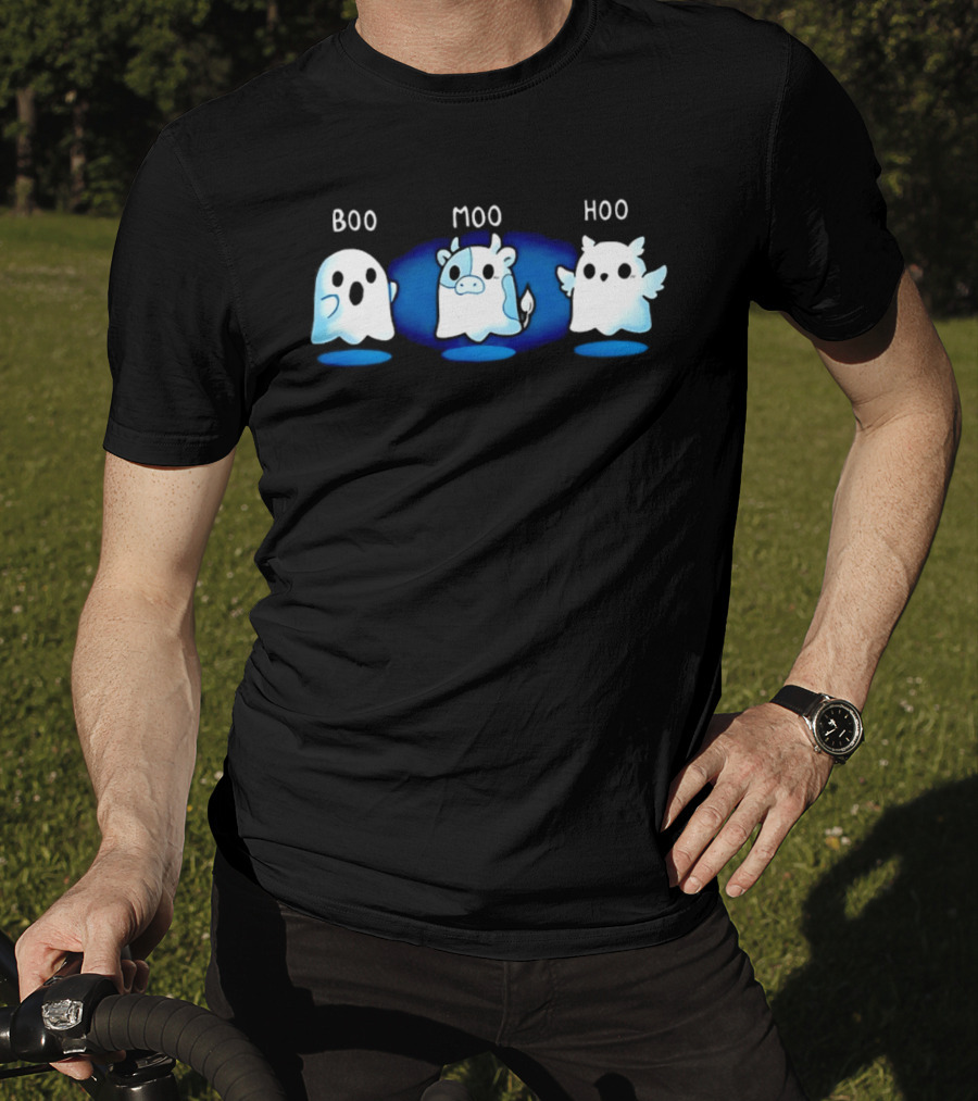 Boo Moo Hoo Halloween Ghost Cow And Owl Fun T-Shirt