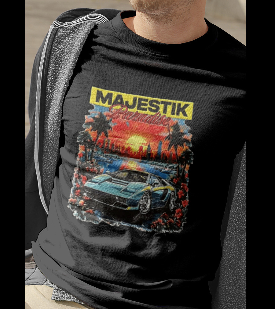Majestik Paradise Lamborghini Countach Miami Skyline Sunset Beach City T-Shirt