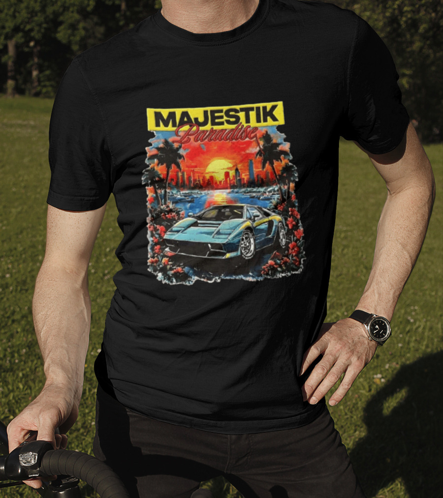 Majestik Paradise Lamborghini Countach Miami Skyline Sunset Beach City T-Shirt
