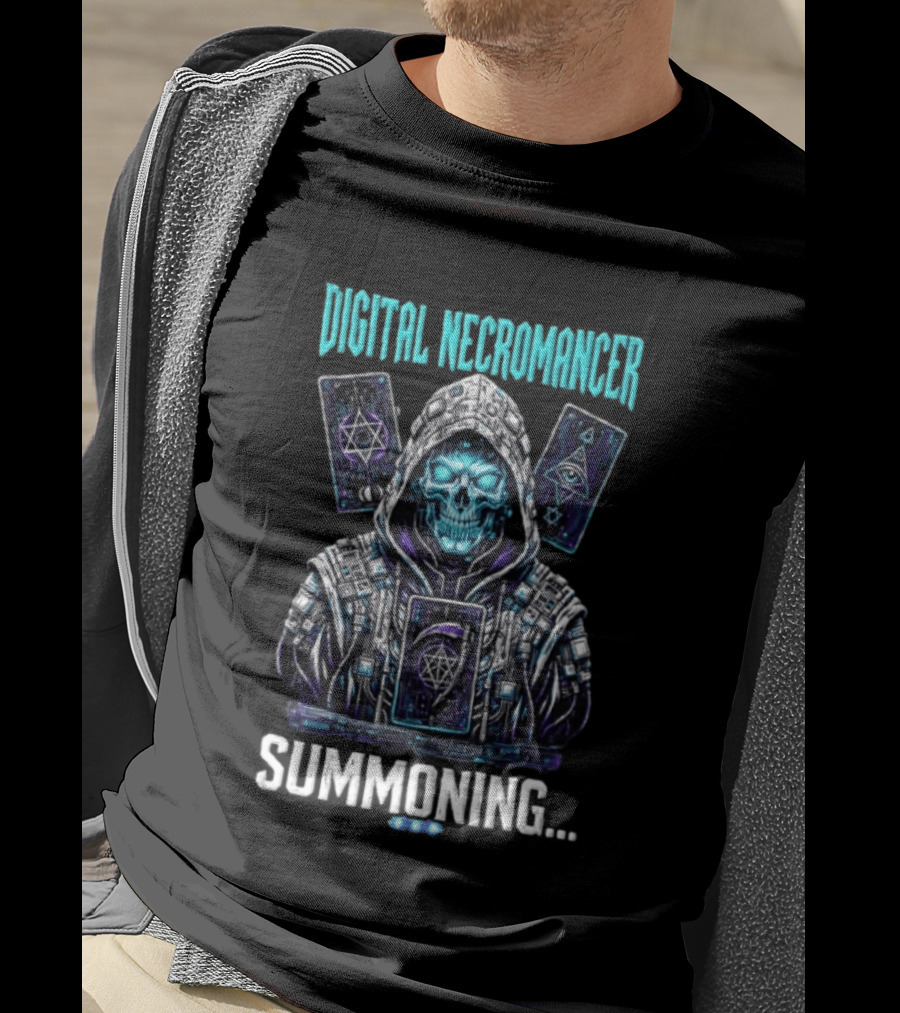 Digital Necromancer Summoning Cyber Skull Tarot Cards T-Shirt