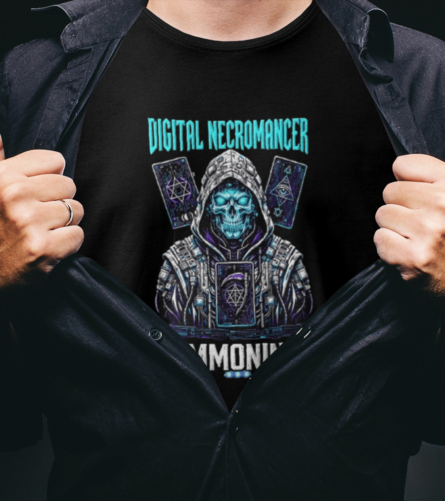 Digital Necromancer Summoning Cyber Skull Tarot Cards T-Shirt